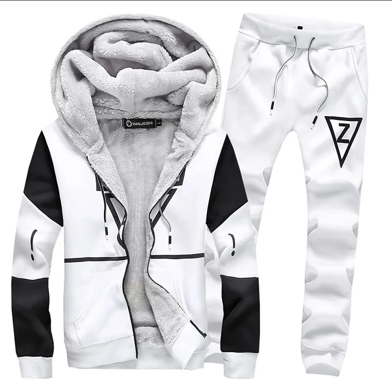 Winter Tracksuit Sets Men Inner Velvet Warm Hoodies Male Two Pieces Patchwork Hooded Sweatshirt+Pants Man Autumn chandal hombre