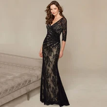 Modische Wulstige Spitze Bodenlangen Formale Kleid Glamorous Durchsichtig 3/4 Sleeve Abendkleider 2016 Vestido de Noite