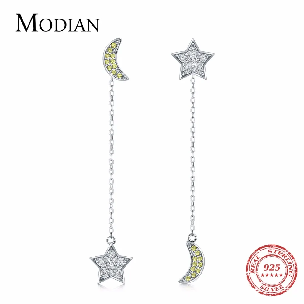 MODIAN Hot Sale 100% 925 Sterling Silver Star &amp Moon Stud Earrings for Women Clear CZ Wedding Fashion Jewelry Bijoux | Украшения и