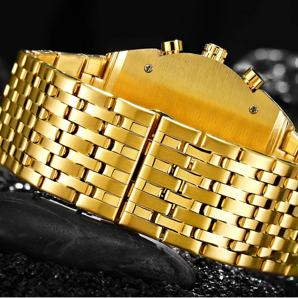 TEMEITE Quartz Mens Watches Top Brand Luxury Golden Clock 3 Time Zone Date Stainless Steel Strap Mi