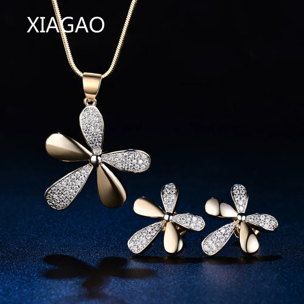

XIAGAO Bijouterie Fashion Jewelry Set Pendant Necklace Drop Earrings for Women Flower Bride Wedding Jewellery Gold Color T043