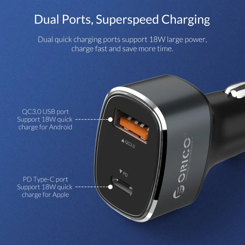 ORICO شاحن سيارة ثنائي USB PD C سريعة تهمة 3.0 الهاتف المحمول شاحن QC 3.0 سيارة شاحن هواتف xiaomi سامسونج S8 فون X 8 اللوحي