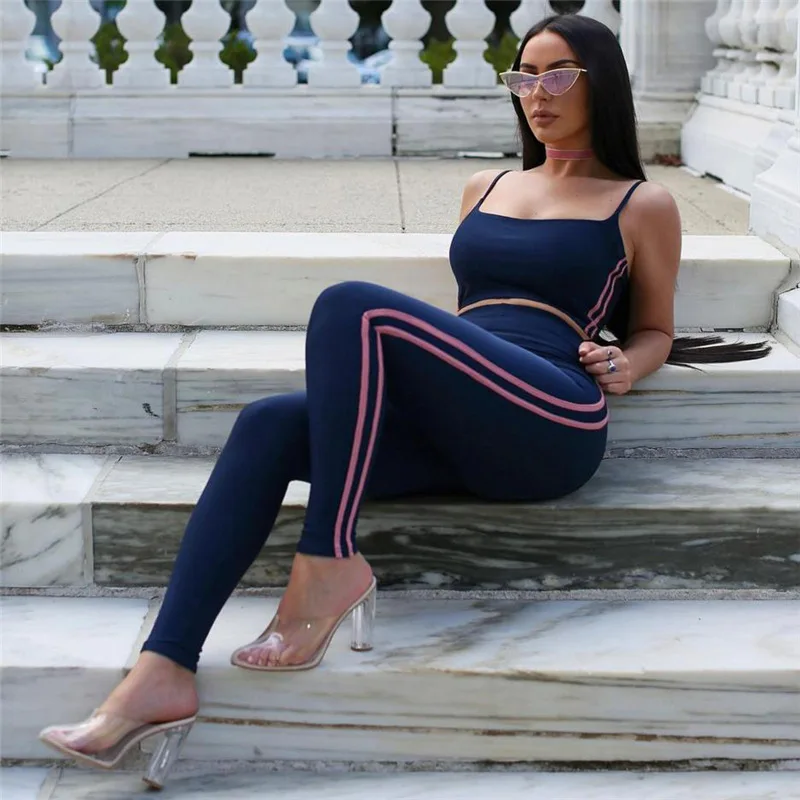 Survetement Femme Workout Suit Women Blue Crop Top Legging Pants 2 Piece Set 2018 Fashion Female Striped Printed Fitness Wear Survetement Femme Workout Suit Women Blue Crop Top Legging Pants 2 Piece Set 2018 Fashion Female Striped Printed Fitness Wear