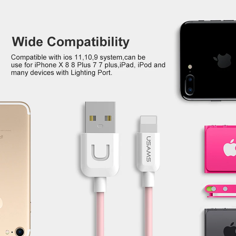 Для iPhone 7 кабель USB USAMS 2A быстрее Зарядное устройство кабель для iPhone 7 Дата кабель свет USB кабель