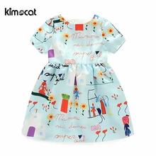 Kimocat meninas verão gola redonda vestido de princesa dos desenhos animados manga curta macio vestido infantil