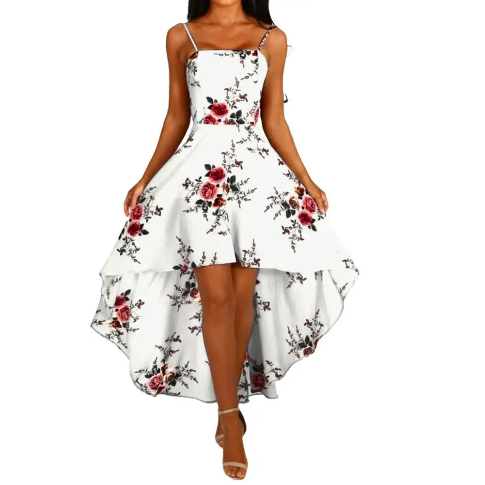 

Hot Fashion Party Women Flower Print Front Short Back Long Sleeveless Backless Bandage Dress