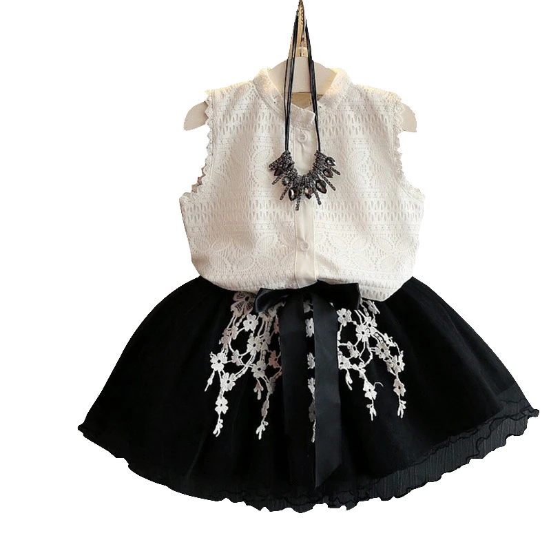 

Summer high quality cotton sleeveless lace embroidery shirt + mesh tutu skirt girls 2 pcs set kid suit children clothes 80-125cm