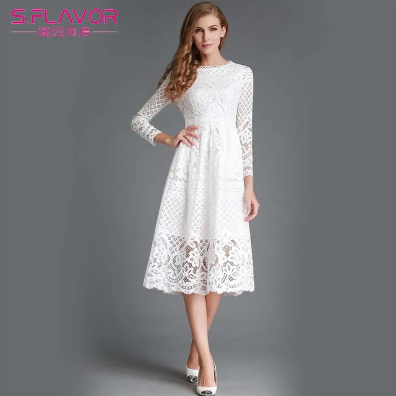 

S.FLAVOR Spring Lace Hollow Out Slim Dress Summer Party formal Dress Women Long Sleeve Casual Dresses Vestidos High Quality