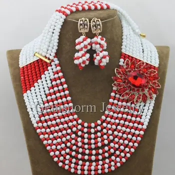 

Splendid Costume Necklaces Nigerian Wedding African Beads Jewelry Set Crystal White Red Beads Set Free Shipping WA026