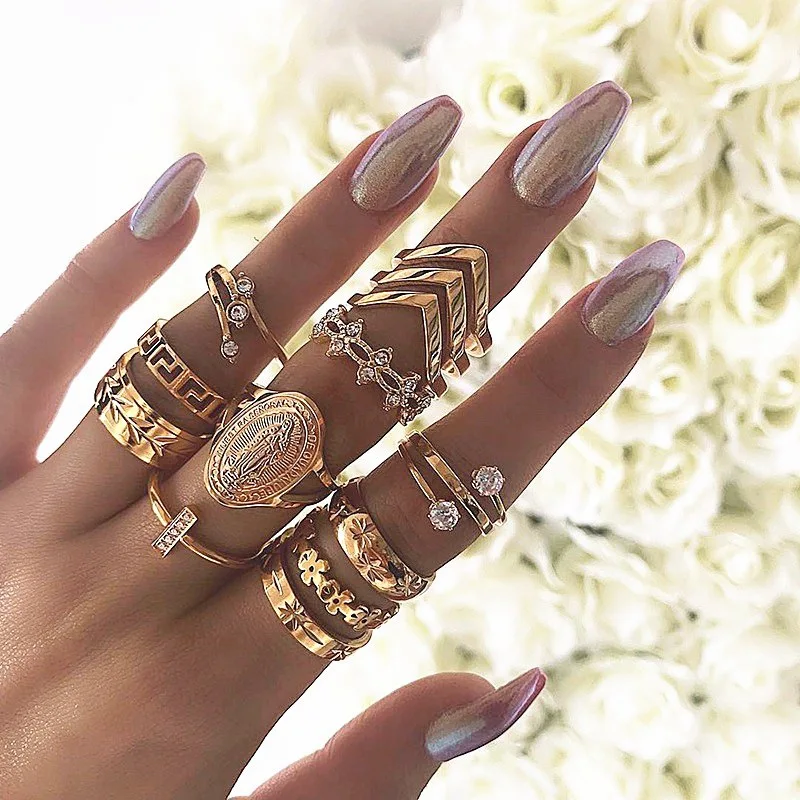 13pc/set Bohemia Virgin Mary Cross Star Flower Leaves Ring New Crystal Gold Ring Set Women Vintage Jewelry Gifts