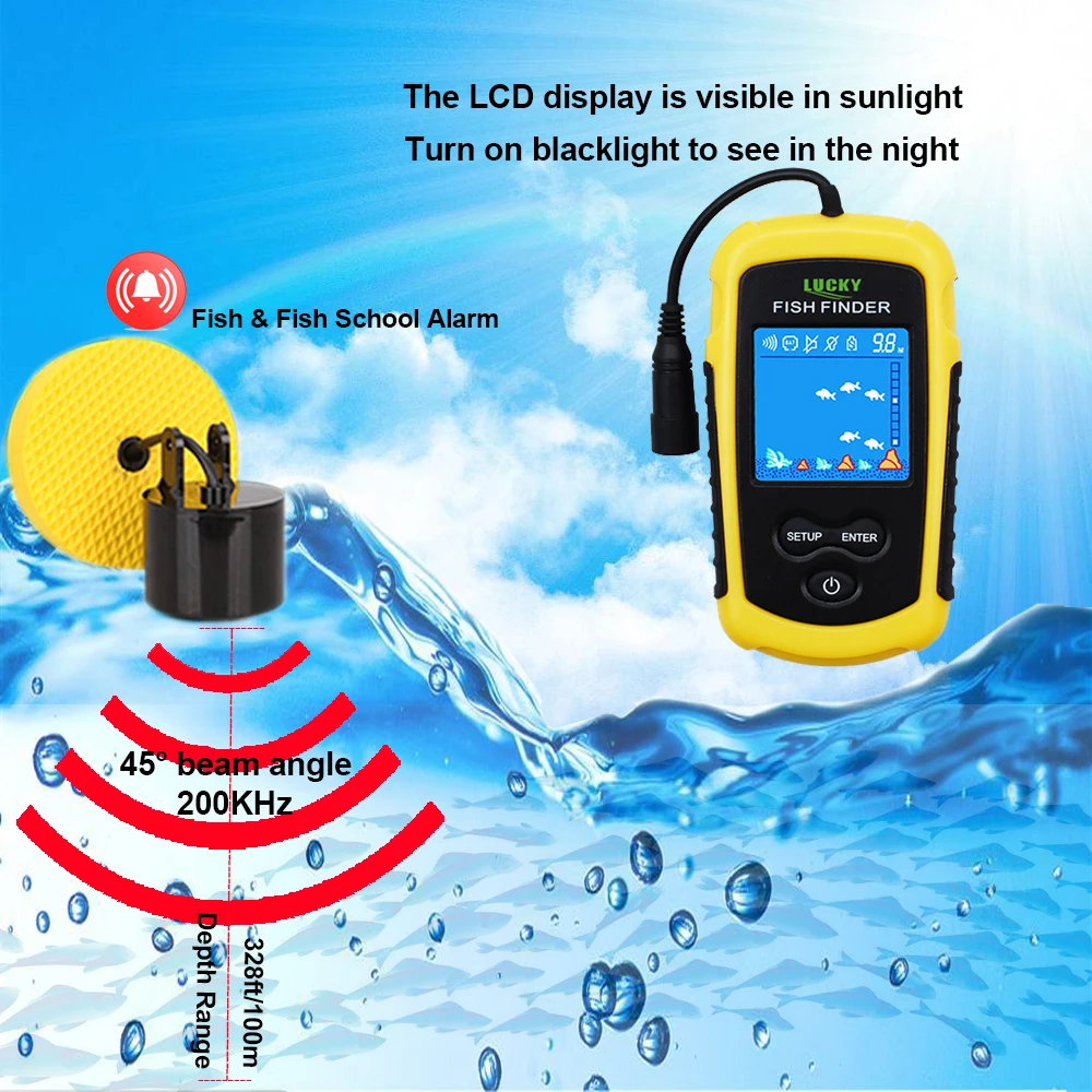 الأصلي محظوظ صياد السمك سونار على الصيد سونار صدى أسلم الاستشعار LCD 100 M عمق أسلم Fishfinder Detecter الجليد الصيد