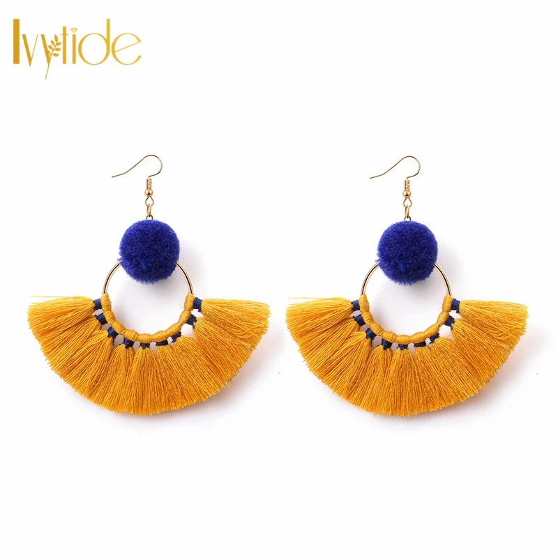 

Lvytide 5 color Fan fringe tassel and pom pom earrings Festival tassel earrings BOHO chic Handmade women jewelry
