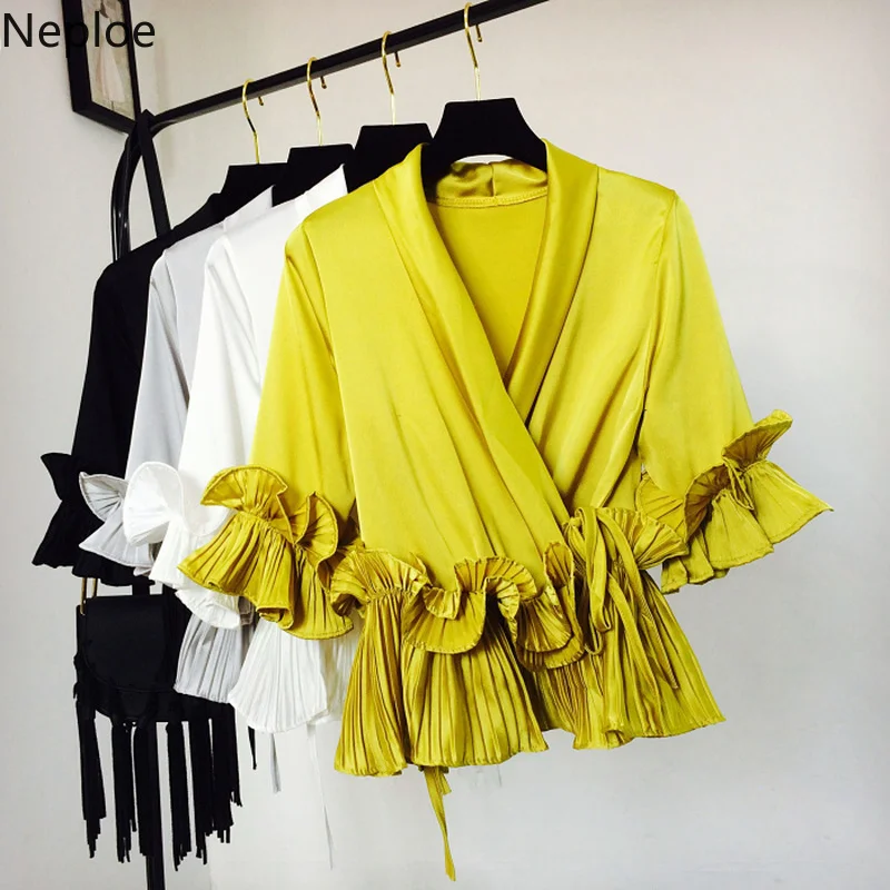 

Neploe Summer Fashion Women Blouse Three Quarter Sleeve Ruffles Bow Shirts 2019 Korean Chiffon Solid V-Neck Blusa Feminina 43024