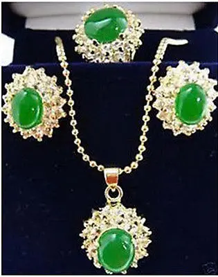 

FREE SHIPPING>>@> Jewelry green jade necklace pendant earring ring sets ^^1>18K gold plated watch Quartz stone CZ crystal Natura