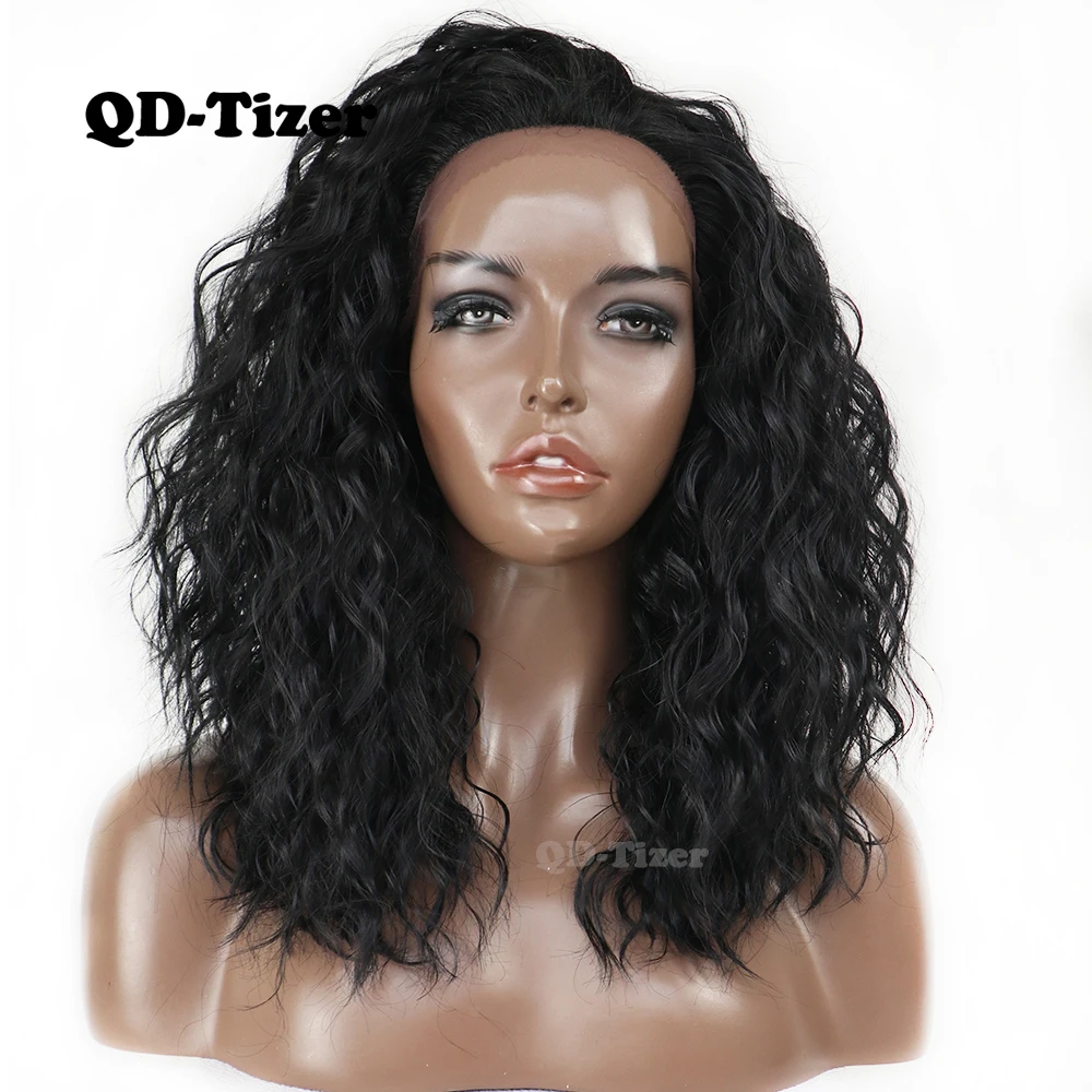 

QD-Tizer Short Bob Synthetic Lace Front Wigs Loose Curly Heat Resistant Glueless Black Color Lace Front Wigs for Black Women