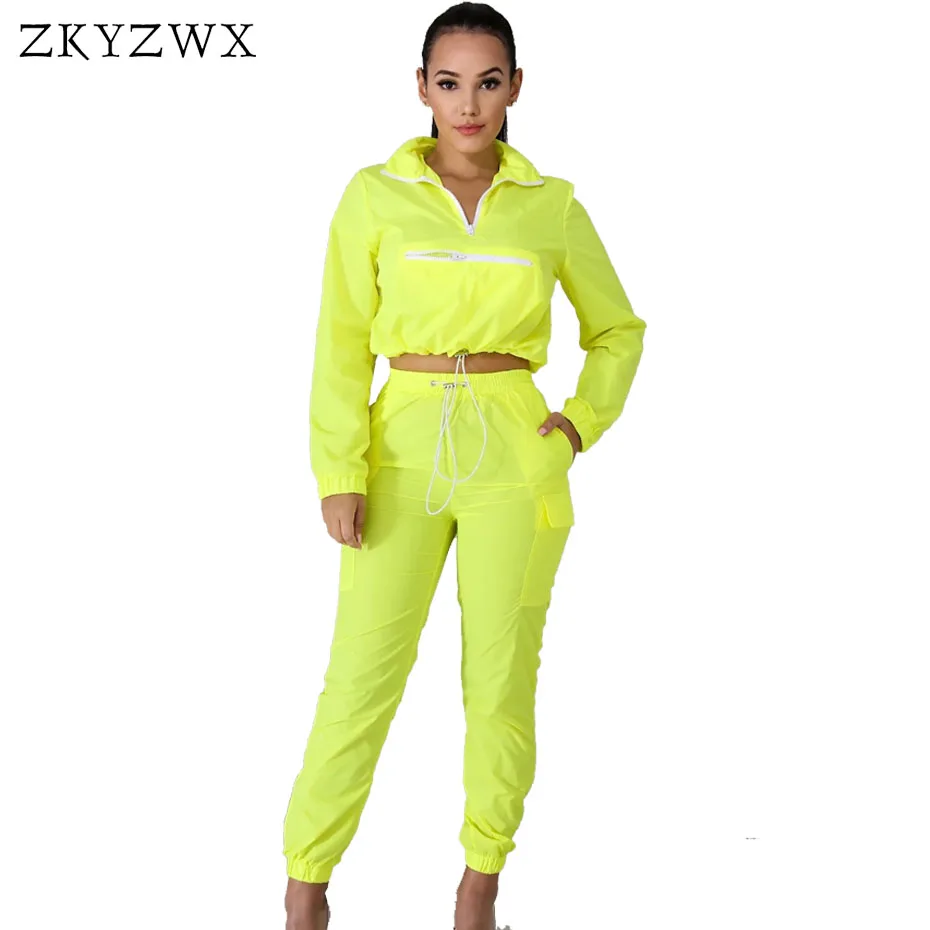 

ZKYZWX 2 Piece Set Women 2019 Long Sleeve Crop Top and Pant Casual Sweat Suit Sexy Club Outfits Two Pcs Tracksuit Matching Sets