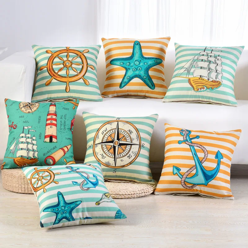 

45x45cm Nautical Style Pillow Cover Rudder Anchor Boat Pattern Cotton Linen Sofa Car Decorative Throw Cushion Cover