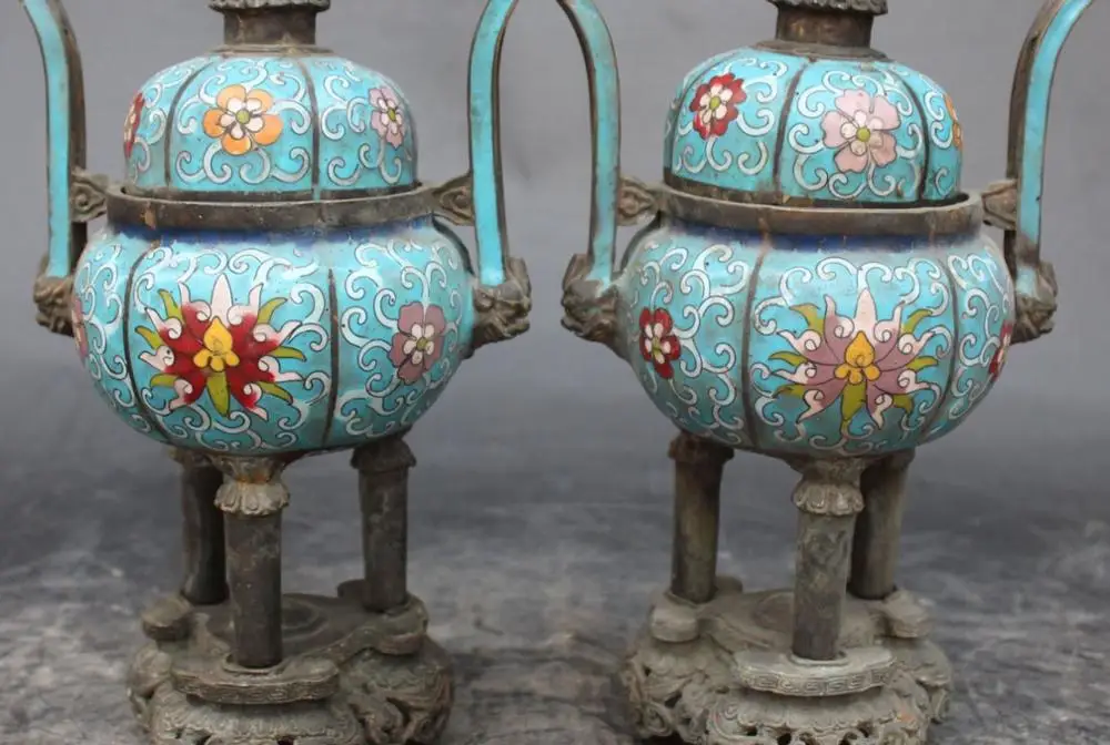 

Marked Cloisonne Enamel Bronze Dragon 3 Layer Lotus Dragons Incense Burner Pair