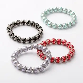

Glass Pearl Round Bead Stretch Bracelets, with Iron Bead Caps, Antique Silver, Mixed Color,about 53mm inner diameter