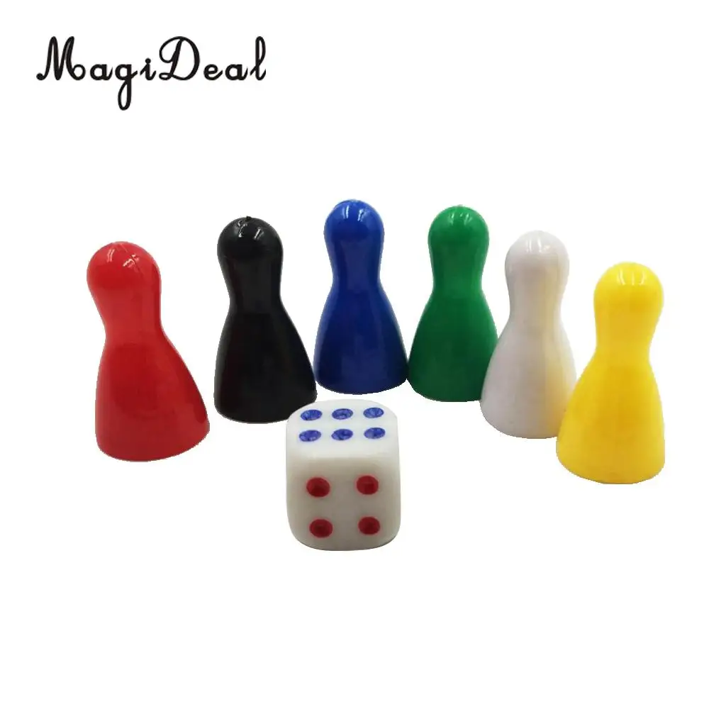 MagiDeal High Quality 6Pcs Plastic Chessman Chess Pieces & 1Pc Dice for Funny Family Party Board Game Accessory Children Toys