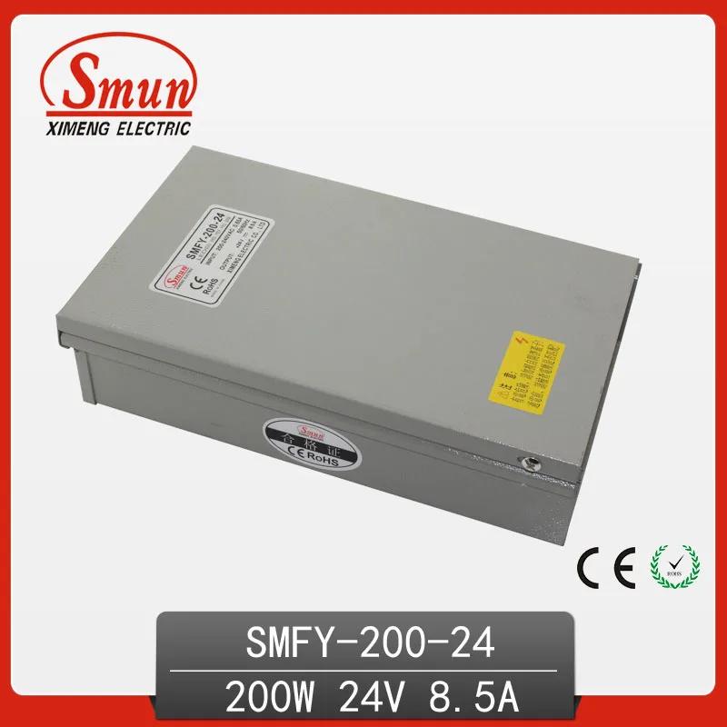 

CE RoHS Approved 200W Metal Case Single Output Reliable Rainproof Switching Power Supply SMPS 200W 24V 8.5A (SMFY-200-24)