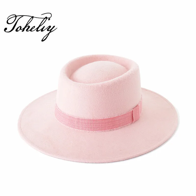

Autumn Winter Fashion wool Simple fashion round flat top Vintage Wide Fedoras Hats for Women