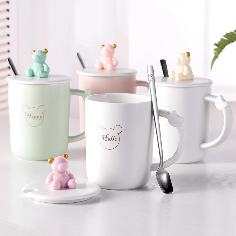 

Cartoon bear pattern ceramic mug with stainless steel spoon lid,Fashion Teacup Coffee Mugs,Milk Juice Lemon cup Office Drinkware