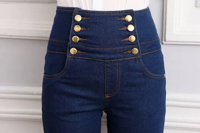 Модные женские туфли Высокая Талия обтягивающие джинсы Для женщин двубортный высокие эластичные тонкие брюки карандаш размеры s-xl