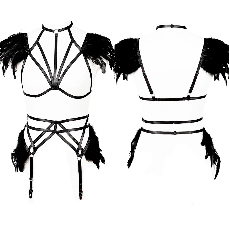 

Goth Feather Epaulettes Angel Wings Body Harness Set Adjust Bondage Feather Shoulder Burningman Corset Wedding Dress Rave Wear