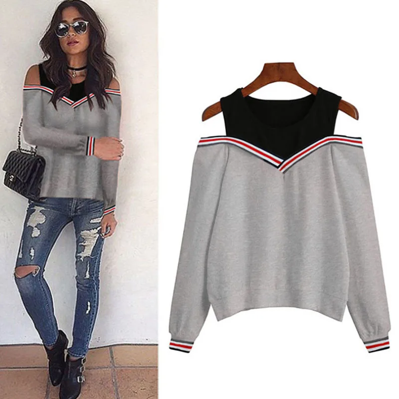 

Women 'S Sweatshirt O Neck Long Sleeve Hollow Shoulder Patchwork Sweatshirt 2017 European Grand Prix Autumn And Winter Fashion o