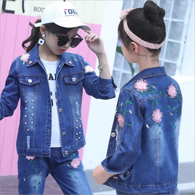 New Girl Denim Set Children's Fashion Stereo Flowers Long Sleeve Jacket