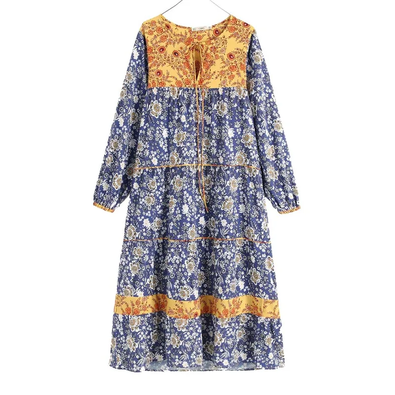 

QZ964 Spring Fashion Blue and white porcelain Floral Print Patchwork Dress O Neck Long Sleeve Beach Vestidos