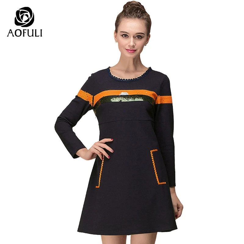 

AOFULI L- 3xl 4xl 5xl Big Size Women Sequined Dress Long Sleeve Spring Casual Dress Chic Blue Dress Solid Boutique Clothing 6381