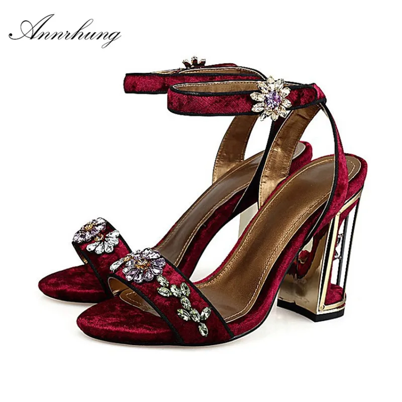 

Elegant Velvet Jeweled Flower Sandals Women Ankle Strap Open Toe High Heels Metal Rhinestone Fretwork Heel Sandalias Women