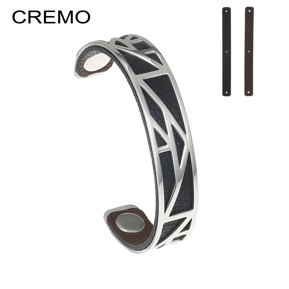 

Cremo Cuff Bracelets For Women Bijoux Silver Bangles Bracelets Manchette Femme Charm Reversible Leather Stainless Steel Jewelry
