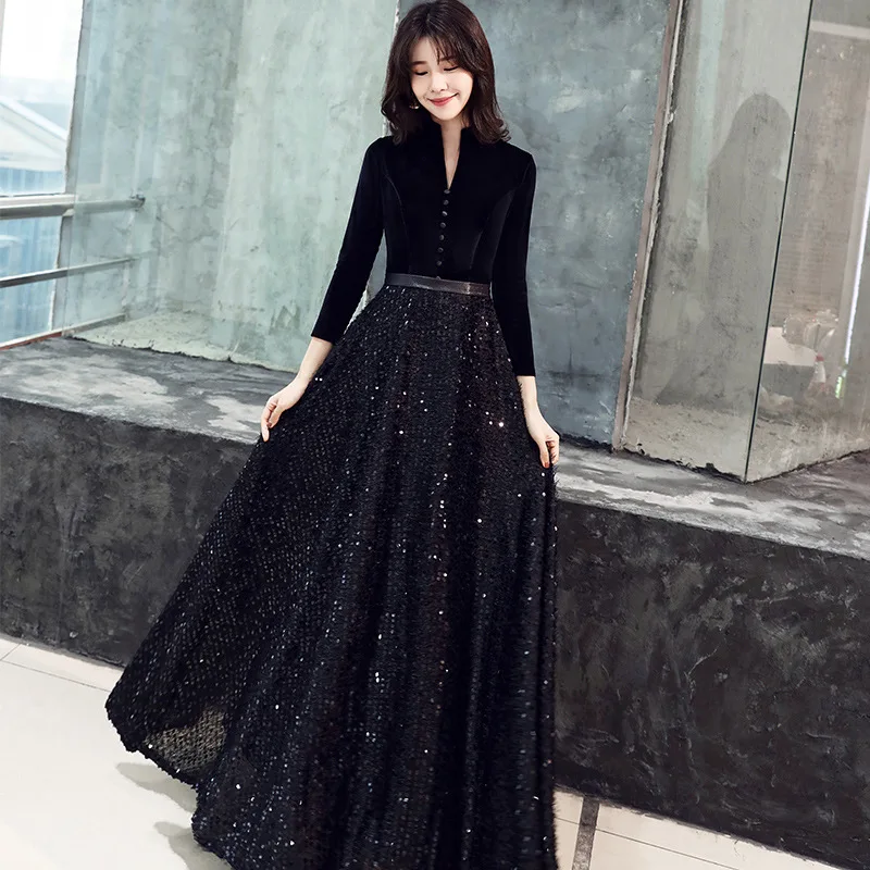 

V-neck Sequins Chinese Oriental Wedding Female Long Sleeve Cheongsam Vintage Evening Dress Elegant Celebrity Banquet Dresses 3XL