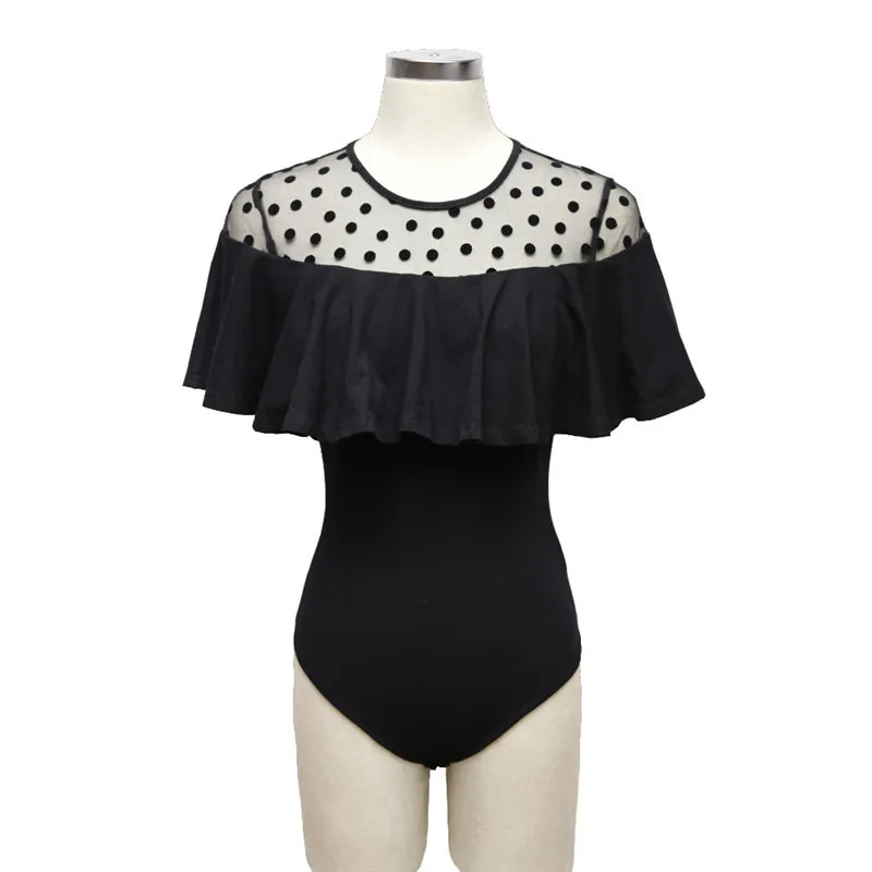 Боди женское Сетчатое с оборками и коротким рукавом в горошек|top bodysuit|black bodysuitbodysuit