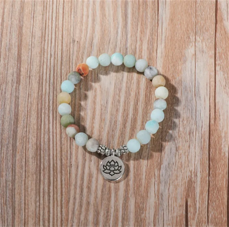 Lotus Charm 19cm 8 мм натуральный Матированный амазонит камень 108 Мала Браслет Йога Лотос ОМ Браслет с буддийскими шармами молитва медитация ожерелье - Окраска металла: Lotus Charm 19cm
