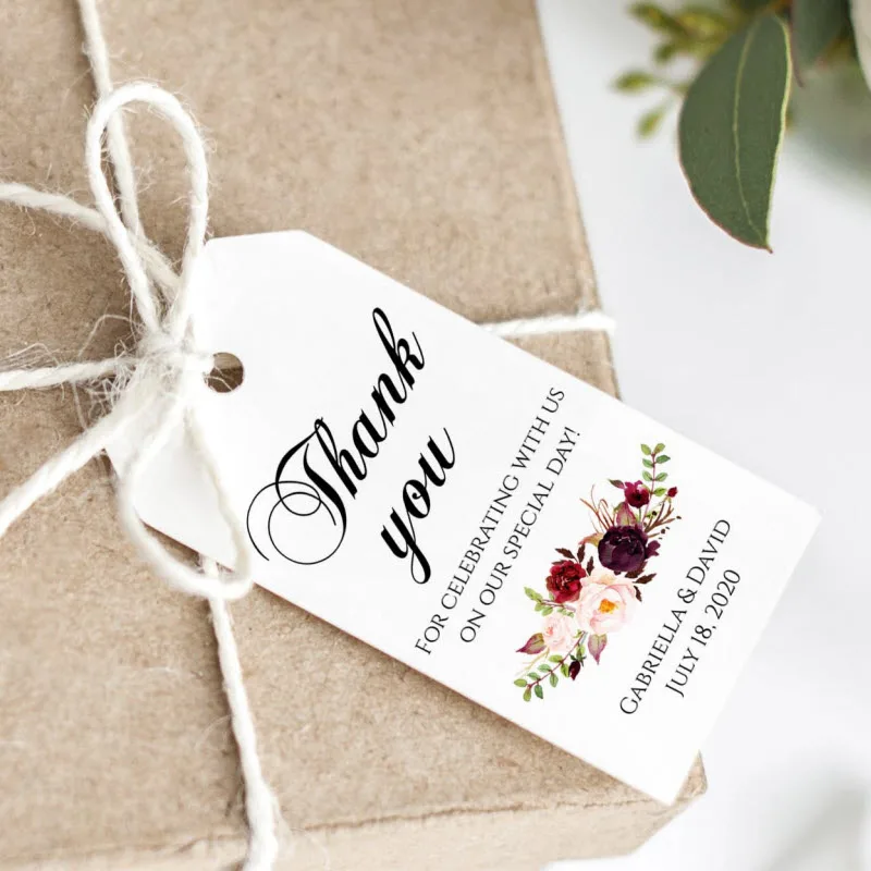 

100 Pieces, Rustic Floral Personalized Wedding Tags with Hole, Candy Favors Gift Boxes, Cupcake Tags, Thank You