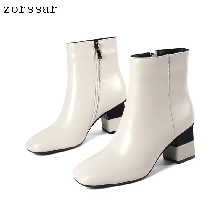 

{Zorssar} fashion young female booties genuine leather thick high heel women ankle boots winter women Shoes Plus Size 33-40