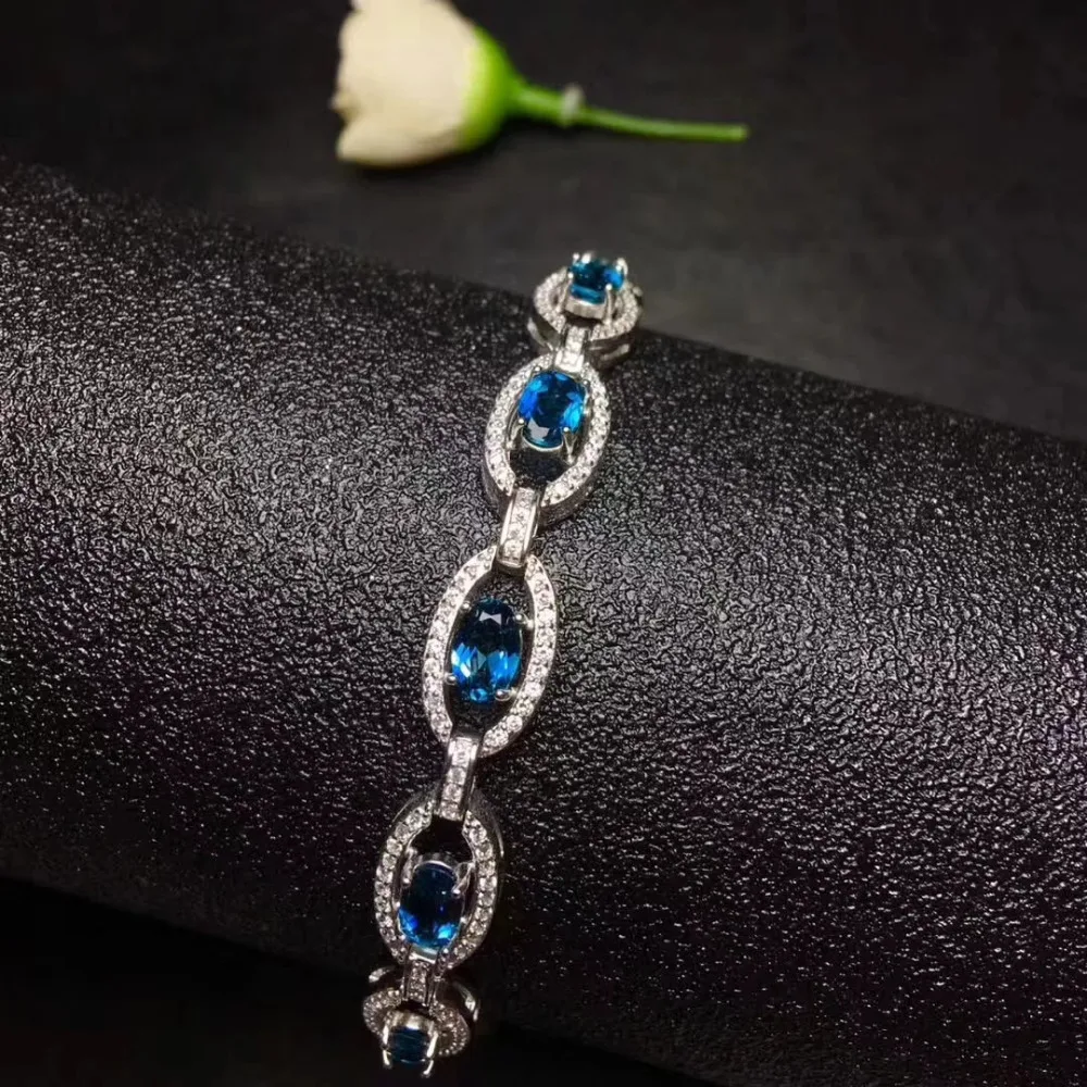 Bracelet de topaze bleue naturelle Bracelet de pierres précieuses naturelles 925 bracelet en argent