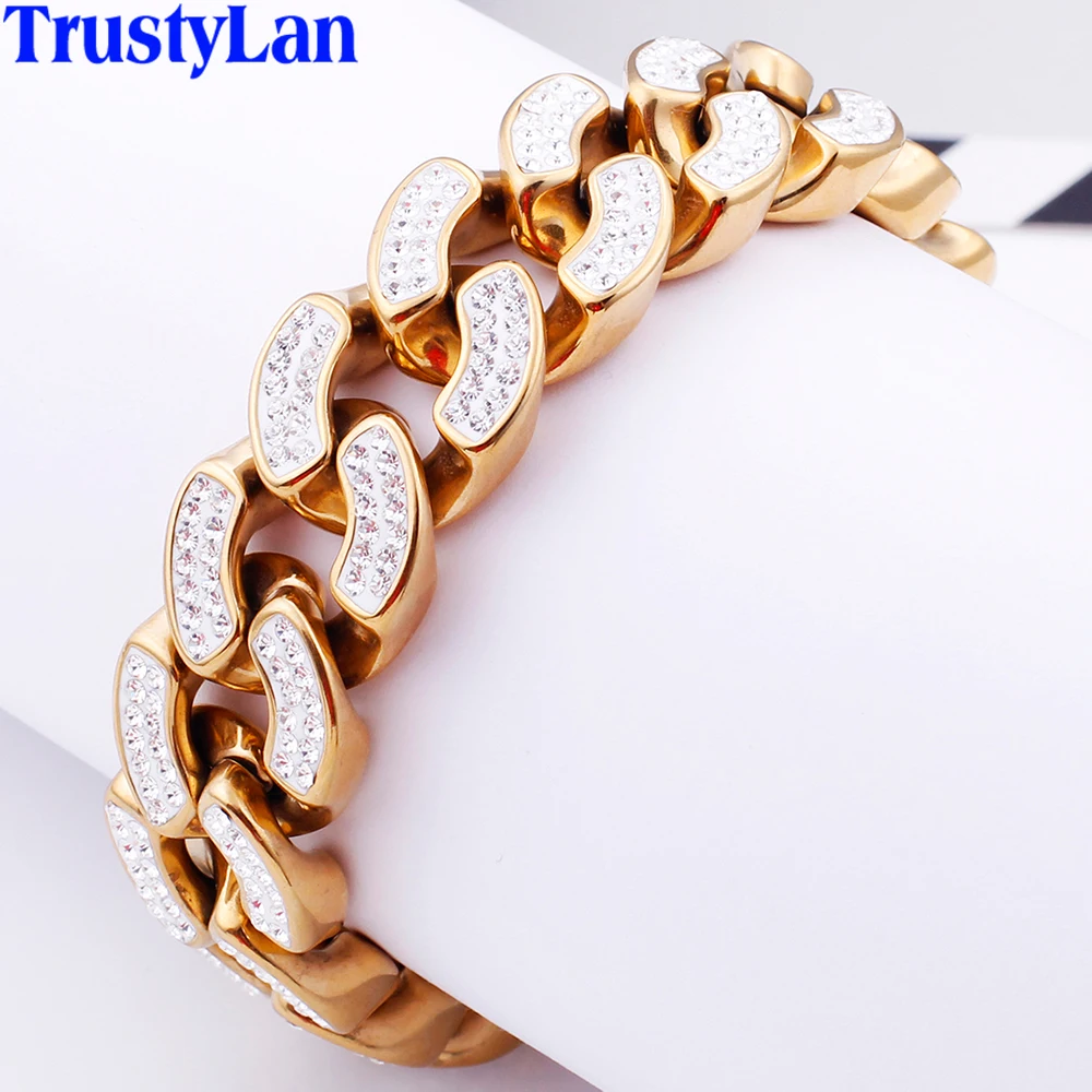 Хип-хоп стиль роскошный золотой цвет нержавеющая сталь Майами КУБИНСКИЙ звено цепи для мужчин браслет мужской ювелирные изделия 20 мм Широкий для мужчин s браслеты браслет