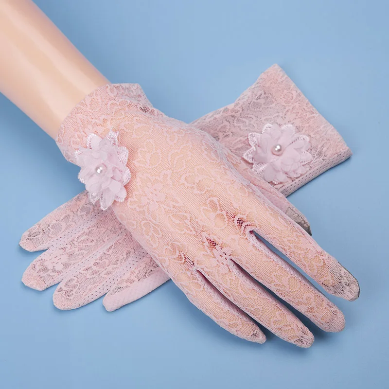 Сенсорный экран для женщин летние перчатки для водителя анти УФ скольжение полный палец Короткие наручные кружева марлевые весенние женские Вечерние перчатки - Цвет: Floral Pink