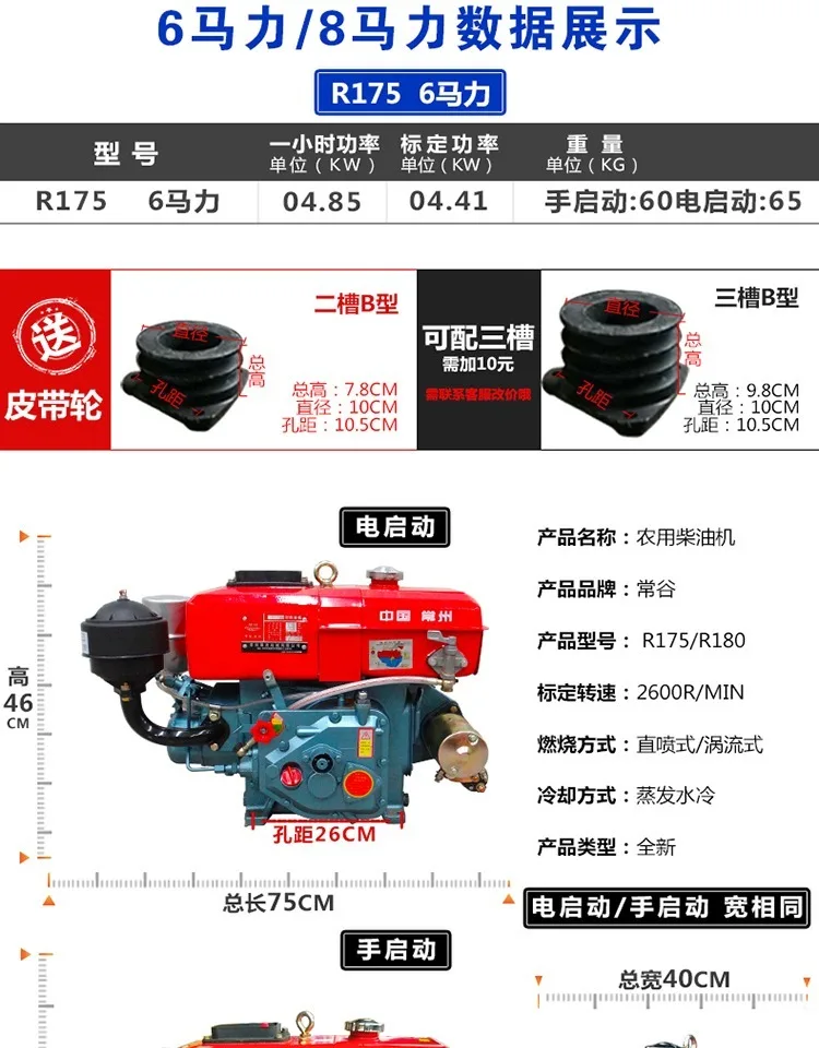 Небольшой дизельный двигатель с водяным охлаждением одноцилиндровый 6/8 лошадиных сил ручной запуск/электрический запуск двигателя трактора