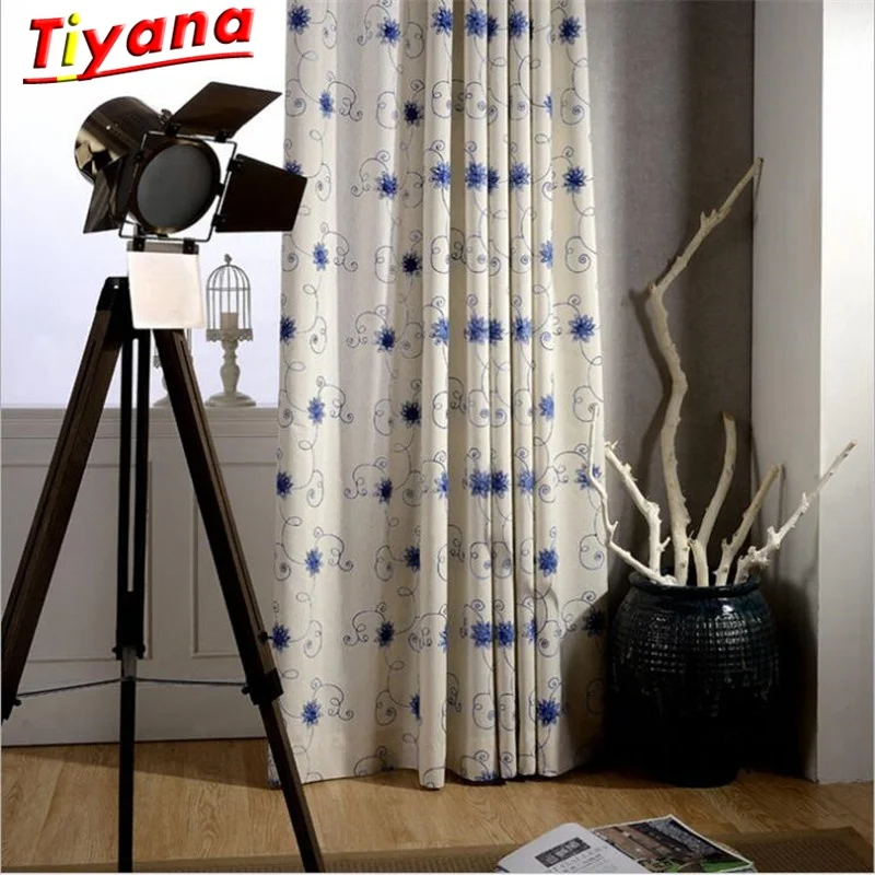 

Blue Blind Curtain Window Screening Thermal Insulation Linen Cotton Fixed Pleat French Window Embroidered Blackout Su336 *30