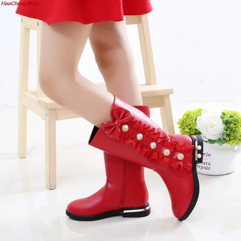 

Girls Boots New Parent-child shoes princess Pearl lace bow girl high-leg boots children's snow child ever after boots size27-37