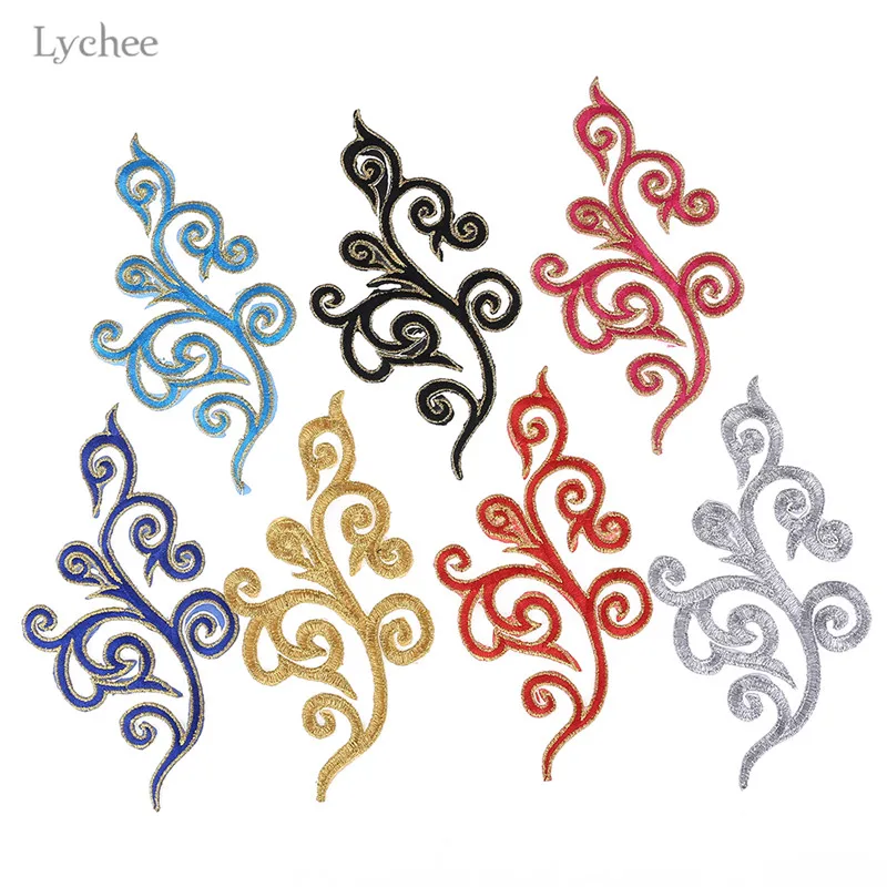 

Lychee 1 Pair Gold Lace Applique Patches Venise Lace Trim Embroidery Iron On Patches Wedding Dress Garment Accessories