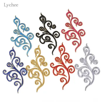 

Lychee Life 1Pair Gold Lace Applique Patches Venise Lace Trim Embroidery Iron On Patches Wedding Dress Garment Accessories