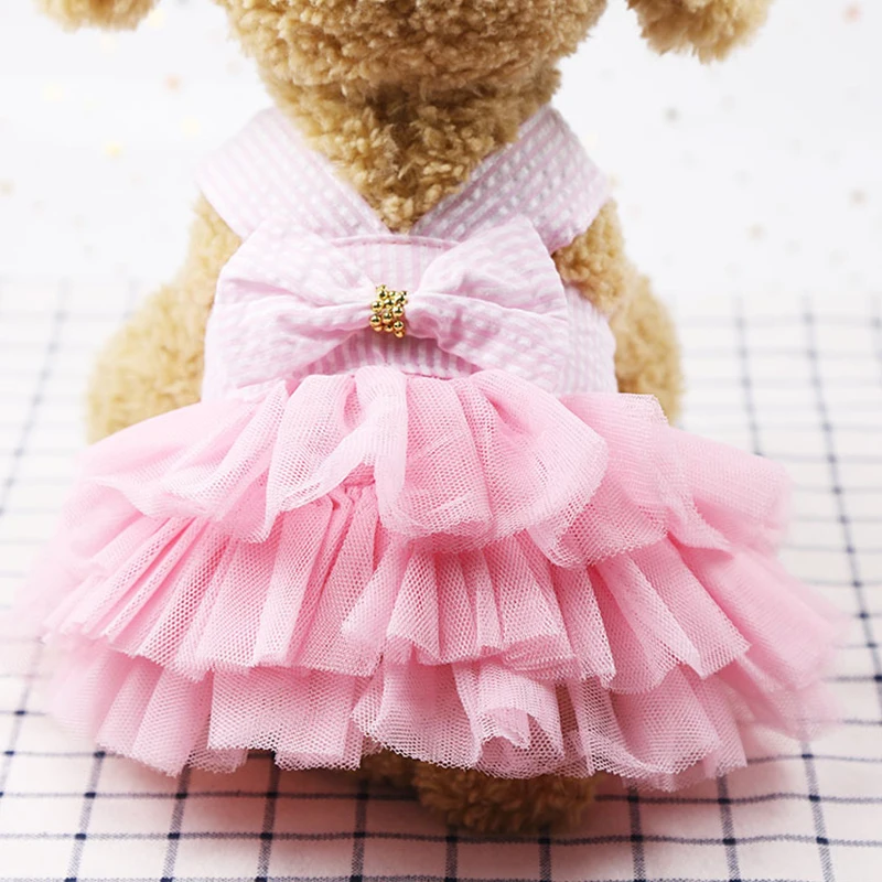 

Ruzjia Cat Princess Dresses Female Sling Bow Striped Mesh Cake Skirt Summer Dress kitten Clothes Supplies for Small Pet Products