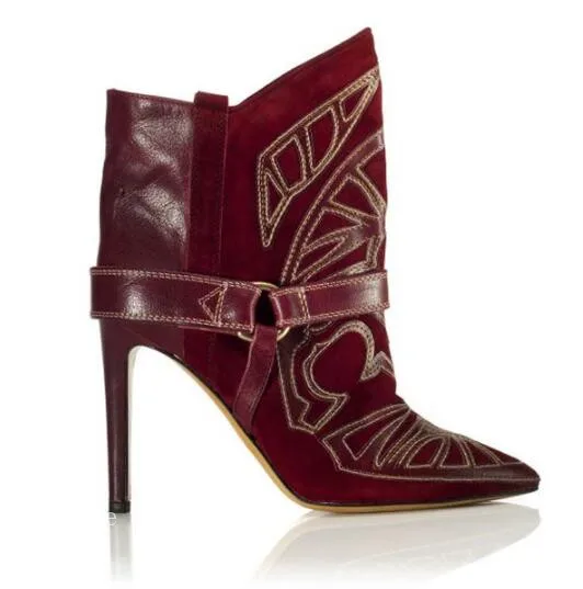 Pic Femmes Boucles As Bottines Courtes as Sexy Talons Mince Bottes Cheville Rouge D'hiver Chaude Daim Floral Pic En Brodent Hauts Cowboy Patchwork 2019 Chaussures dBrCeoxW